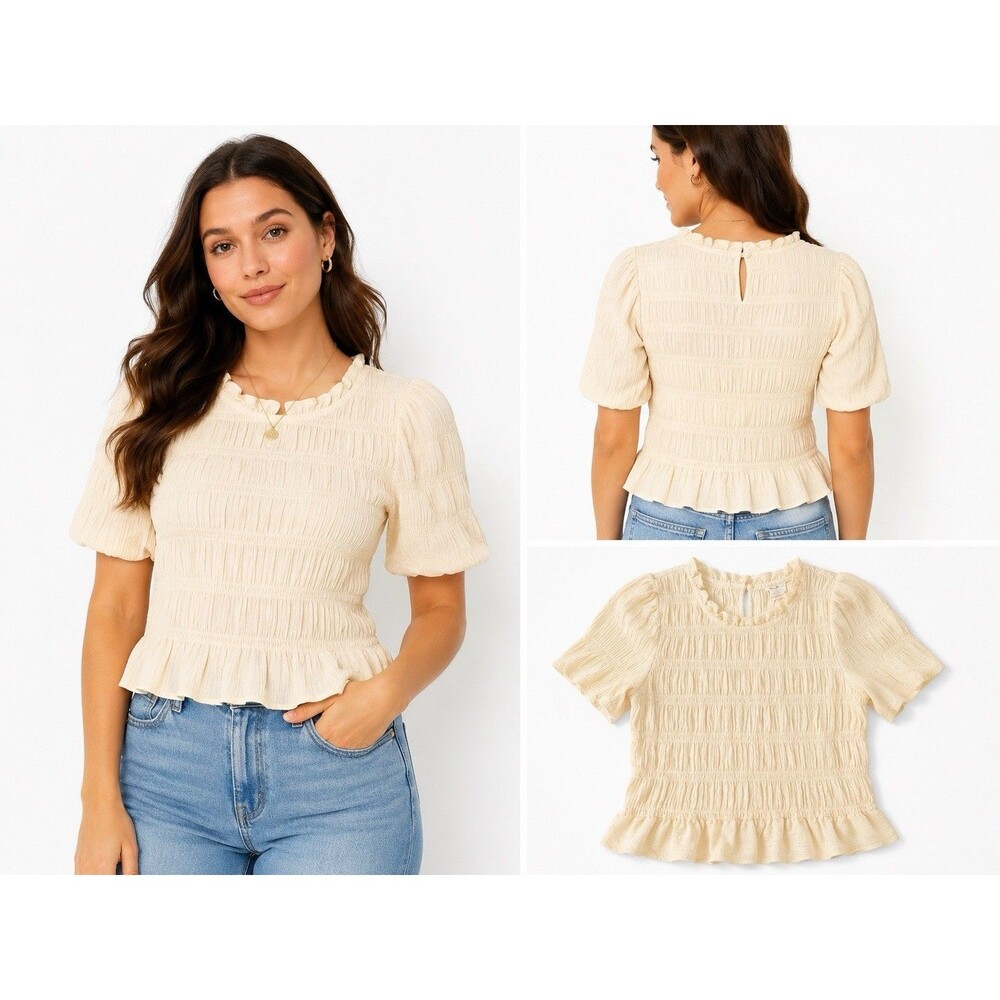 Smocked Peplum Top Women Small Cream Boho Cottagecore Sadie & Sage Puff
